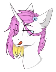 Size: 791x1010 | Tagged: safe, artist:cloud-fly, oc, species:pony, species:unicorn, bust, eye clipping through hair, female, mare, portrait, simple background, solo, tongue out, white background