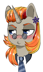 Size: 725x1221 | Tagged: safe, artist:cloud-fly, oc, species:pony, species:unicorn, bust, female, glasses, mare, necktie, portrait, simple background, solo, white background
