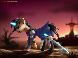 Size: 2000x1500 | Tagged: safe, artist:shido-tara, oc, oc only, oc:daniel evans, species:pony, species:unicorn, fallout equestria, g4, armor, black mane, black tail, blue eyes, cloak, clothing, courier six, desert, eyebrows, fallout, fallout equestria: parallelism, fallout: new vegas, fanfic, fanfic art, glowing horn, hooves, horn, levitation, magic, magic aura, male, open mouth, pipbuck, ponified, profile, solo, stallion, sword, telekinesis, wasteland, weapon