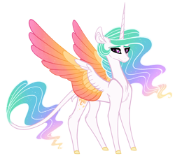 Size: 1600x1429 | Tagged: safe, artist:australian-senior, character:princess celestia, species:alicorn, species:pony, alternate universe, chest fluff, colored hooves, colored wings, colored wingtips, ethereal mane, female, gradient wings, kirindos, leonine tail, looking at you, mare, multicolored wings, simple background, smiling, solo, sparkles, standing, transparent background, wings