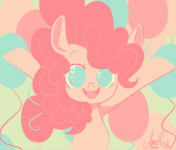 Size: 500x425 | Tagged: safe, artist:laceymod, character:pinkie pie, species:pony, balloon, cute, diapinkes, female, green background, heart eyes, looking at you, no pupils, open mouth, simple background, solo, wingding eyes