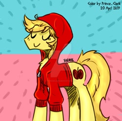 Size: 898x890 | Tagged: safe, artist:princeclark, artist:xieril, edit, character:braeburn, species:earth pony, species:pony, abstract background, clothing, color edit, colored, cutie mark, eyes closed, hoodie, male, signature, solo