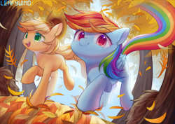Size: 3000x2122 | Tagged: safe, artist:leafywind, character:applejack, character:rainbow dash, species:earth pony, species:pegasus, species:pony, episode:fall weather friends, g4, my little pony: friendship is magic, cute, dashabetes, duo, female, high res, jackabetes, leaves, mare, missing cutie mark, running of the leaves, smiling, starry eyes, tree, wingding eyes