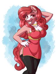 Size: 2800x3700 | Tagged: safe, artist:jack-pie, oc, oc only, oc:scarlet emerald, species:anthro, species:earth pony, species:pony, anthro oc, armpits, breasts, clothing, commission, female, grin, horse face, smiling, solo