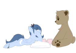Size: 2893x2039 | Tagged: safe, artist:xcinnamon-twistx, oc, oc:moon dust, species:pegasus, species:pony, cat ears, cup, cute, eye clipping through hair, food, looking up, paws, plushie, simple background, solo, tea, teacup, teddy bear, transparent background, underpaw, ych result
