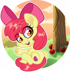 Size: 2414x2463 | Tagged: safe, artist:annakitsun3, character:apple bloom, species:earth pony, species:pony, adorabloom, apple, bow, circle background, cute, cutie mark, eye clipping through hair, female, filly, food, hair bow, open mouth, raised hoof, sitting, smiling, solo, the cmc's cutie marks, tree, underhoof, waving
