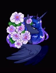 Size: 3100x4000 | Tagged: safe, artist:annakitsun3, character:princess luna, species:alicorn, species:pony, black background, bust, female, flower, jewelry, lidded eyes, mare, peytral, portrait, regalia, simple background, smiling, solo, spread wings, wings