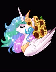 Size: 3100x4000 | Tagged: safe, artist:annakitsun3, character:princess celestia, species:alicorn, species:pony, black background, bust, eyes closed, female, flower, jewelry, mare, peytral, portrait, regalia, simple background, smiling, solo, sunflower