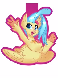 Size: 3000x4000 | Tagged: safe, artist:annakitsun3, character:princess skystar, species:classical hippogriff, species:hippogriff, g4, my little pony: the movie (2017), armpits, badge, bust, chest fluff, female, freckles, happy, jewelry, necklace, open mouth, portrait, simple background, smiling, solo, spread wings, waving, wavy mouth, white background, wings