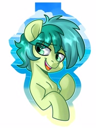 Size: 3000x4000 | Tagged: safe, artist:annakitsun3, character:sandbar, species:earth pony, species:pony, badge, bust, eye clipping through hair, lidded eyes, male, ocean, open mouth, portrait, raised hoof, smiling, solo, teenager