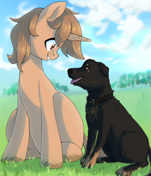 Size: 2348x2724 | Tagged: safe, artist:tigra0118, oc, oc:foxhound, species:dog, species:pony, species:unicorn, art, looking at each other, male, pet, ych result
