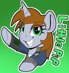 Size: 1944x2048 | Tagged: safe, artist:partylikeanartist, oc, oc only, oc:littlepip, species:pony, species:unicorn, fallout equestria, absurd resolution, clothing, eye clipping through hair, fanfic, fanfic art, female, gradient background, grin, hooves, horn, looking at you, mare, pipboy, pipbuck, smiling, solo, vault suit
