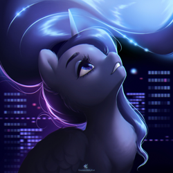 Size: 2126x2126 | Tagged: safe, artist:katputze, character:princess luna, species:alicorn, species:pony, city, female, looking up, mare, night, solo
