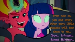 Size: 1188x673 | Tagged: safe, artist:snakeythingy, edit, edited screencap, screencap, character:sunset satan, character:sunset shimmer, character:twilight sparkle, equestria girls:equestria girls, g4, my little pony: equestria girls, my little pony:equestria girls, bad end, big crown thingy, crown, demon, element of magic, glowing eyes, jewelry, mind control, regalia, story in the source, sunset satan
