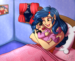 Size: 2800x2300 | Tagged: safe, artist:jack-pie, oc, oc:diamond coat, species:human, baby, bed, bedroom, blanket, clothing, crescent moon, cute, eyes closed, high res, humanized, humanized oc, moon, night, pacifier, pillow, self paradox, sleeping, stars