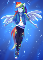 Size: 1736x2412 | Tagged: safe, artist:tigra0118, character:rainbow dash, species:eqg human, species:human, episode:run to break free, g4, my little pony: equestria girls, my little pony:equestria girls, spoiler:eqg series (season 2), clothing, cute, dashabetes, eyes closed, female, geode of super speed, humanized, jacket, magical geodes, pants, ponied up, shoes, singing, sneakers, solo, species swap, winged humanization, wings