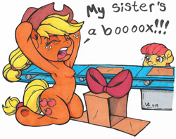 Size: 1850x1464 | Tagged: safe, artist:latecustomer, character:apple bloom, character:applejack, species:earth pony, species:pony, armpits, bow, cardboard box, chest fluff, conveyor belt, female, filly, kneeling, mare, prank, siblings, silly, silly pony, simpsons did it, sisters, smiling, the simpsons, traditional art, who's a silly pony, yelling