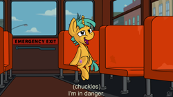 Size: 3840x2160 | Tagged: safe, artist:pirill, character:derpy hooves, character:snails, species:pony, species:unicorn, newbie artist training grounds, atg 2018, bus, caption, city, cloud, dialogue, i'm in danger, lamppost, male, meme, open mouth, ponified meme, ralph wiggum, seat, sitting, solo, text, the simpsons, when you see it, window