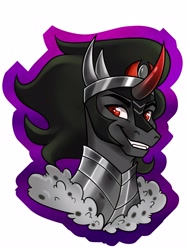 Size: 3000x4000 | Tagged: safe, artist:annakitsun3, character:king sombra, species:pony, species:unicorn, bust, curved horn, grin, horn, jewelry, male, palindrome get, portrait, regalia, smiling, solo, stallion, stupid sexy sombra