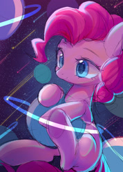 Size: 1850x2600 | Tagged: safe, artist:leafywind, character:pinkie pie, species:earth pony, species:pony, cute, diapinkes, female, macro, planet, planetary ring, pony bigger than a planet, shooting star, solo, space, stars