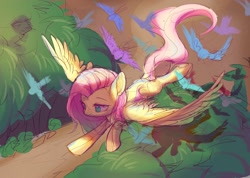 Size: 2600x1850 | Tagged: safe, artist:leafywind, character:fluttershy, species:bird, species:pegasus, species:pony, female, flying, forest, mare, solo