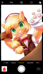 Size: 1933x3325 | Tagged: safe, artist:leafywind, character:applejack, species:earth pony, species:pony, bao, bow tie, camera shot, clothing, cute, female, food, jackabetes, phone, plate, semi-anthro, solo, starry eyes, waitress, wingding eyes