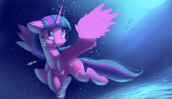 Size: 4350x2500 | Tagged: safe, artist:auroriia, character:twilight sparkle, character:twilight sparkle (alicorn), species:alicorn, species:pony, absurd resolution, bubble, female, holding breath, mare, solo, swimming, underwater, updated