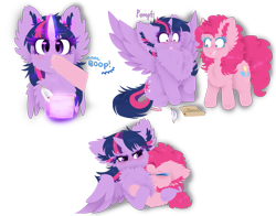 Size: 1009x792 | Tagged: safe, artist:vanillaswirl6, character:pinkie pie, character:twilight sparkle, character:twilight sparkle (alicorn), species:alicorn, species:earth pony, species:pony, blushing, boop, bust, chest fluff, ear fluff, female, fluffy, implied lesbian, implied shipping, implied twinkie, impossibly large chest fluff, mare, pomf, quill, scroll, simple background, spread wings, transparent background, wingboner, wings