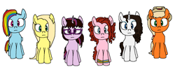 Size: 1611x635 | Tagged: safe, artist:logan jones, oc, oc:allison jack, oc:flora shelly, oc:peggy diane, oc:rachel dawn, oc:rebecca tina, oc:tina sparks, species:earth pony, species:pegasus, species:pony, species:unicorn, alternate mane six, alternate universe, blank stare, bracelet, clothing, dyed hair, freckles, glasses, hat, jewelry, lookalikes, looking at you, natural hair color, not applejack, not fluttershy, not pinkie pie, not rainbow dash, not rarity, not twilight sparkle, simple background, white background