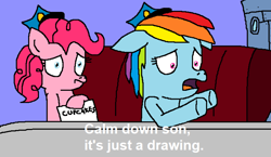 Size: 1460x848 | Tagged: safe, artist:logan jones, character:pinkie pie, character:rainbow dash, species:pony, fanfic:cupcakes, bikini bottom, calm down, clothing, hall monitor, hat, meme, paper, police, police officer, ponified meme, reaction image, spongebob squarepants