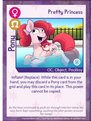 Size: 526x702 | Tagged: safe, artist:pixel-prism, oc, oc only, oc:pretty princess, species:earth pony, species:pony, bow, earth pony oc, hair bow, inflatable, inflatable pony, monster mare, patreon, patreon logo, pool toy, rubber, saddle, smiling, solo, swimming pool, tack, trading card, twilight sparkle's secret shipfic folder