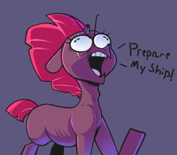 Size: 999x875 | Tagged: safe, artist:sourspot, character:fizzlepop berrytwist, character:tempest shadow, species:pony, species:unicorn, blank flank, broken horn, derp, dialogue, eye scar, faec, female, horn, majestic as fuck, mare, missing accessory, open mouth, ribs, scar, solo, we don't normally wear clothes