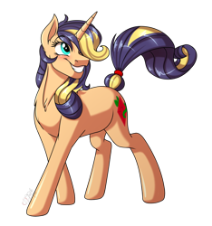 Size: 3000x3200 | Tagged: safe, artist:jack-pie, oc, oc:peppermint seed, parent:applejack, parent:rarity, parents:rarijack, species:pony, species:unicorn, cute, cutie mark, female, grin, hair over one eye, high res, magical lesbian spawn, mare, ocbetes, offspring, simple background, smiling, solo, transparent background