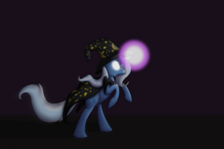 Size: 1219x809 | Tagged: safe, artist:enma-darei, character:trixie, species:pony, species:unicorn, cape, clothing, female, glowing eyes, glowing horn, hat, magic, mare, rearing, solo, trixie's cape, trixie's hat