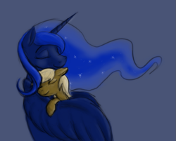 Size: 775x622 | Tagged: safe, artist:enma-darei, character:princess luna, oc, oc:paper pony, species:alicorn, species:earth pony, species:pony, blue, brown, duo, eyes closed, female, hug, male, mare, paper, paper pony, smiling, stallion, wings