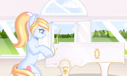 Size: 5000x3000 | Tagged: safe, artist:xcinnamon-twistx, oc, oc:crystal summer, species:pony, species:unicorn, bow, cloud, commission, hair bow, musical instrument, nature, open mouth, piano, playing instrument, room, singing, sky, tied mane, tree, window