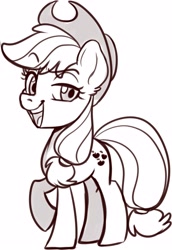 Size: 2227x3238 | Tagged: safe, artist:annakitsun3, character:applejack, species:earth pony, species:pony, applejack's hat, clothing, cowboy hat, female, hat, lineart, mare, monochrome, open mouth, raised eyebrow, raised hoof, simple background, smiling, smug, solo, white background