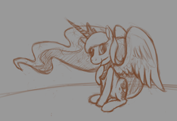 Size: 974x665 | Tagged: safe, artist:enma-darei, character:princess luna, species:alicorn, species:pony, female, looking at you, mare, monochrome, raised hoof, sitting, sketch, smiling, solo