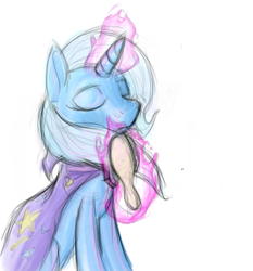 Size: 605x648 | Tagged: safe, artist:enma-darei, character:trixie, species:pony, species:unicorn, brush, brushie, cape, clothing, eyes closed, female, hairbrush, mare, sitting, solo, trixie's cape