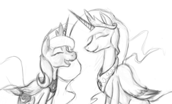 Size: 1183x717 | Tagged: safe, artist:enma-darei, character:princess celestia, character:princess luna, species:alicorn, species:pony, duo, duo female, eyes closed, female, happy, mare, monochrome, sketch, smiling