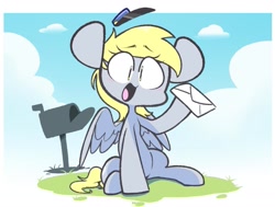 Size: 1185x896 | Tagged: safe, artist:sourspot, character:derpy hooves, species:pegasus, species:pony, clothing, cute, derpabetes, female, hat, hoof hold, mail, mailbox, mailmare, mare, sitting, solo