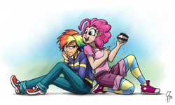 Size: 1920x1152 | Tagged: safe, artist:glancojusticar, character:pinkie pie, character:rainbow dash, species:human, alternate hairstyle, back to back, cake, clothing, converse, duo, eating, humanized, open mouth, shoes, short hair, short hair rainbow dash, sitting, socks, striped socks, unamused
