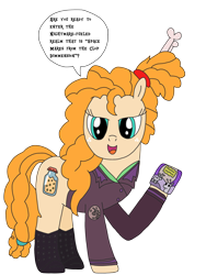 Size: 2448x3264 | Tagged: safe, artist:supahdonarudo, character:pear butter, alien pony, species:pony, bone, boots, clothing, cosplay, costume, dialogue, felicia day, freckles, hair bun, holding, kinga forrester, mare in the moon, moon, movie, mystery science theater 3000, shoes, speech bubble, voice actor joke