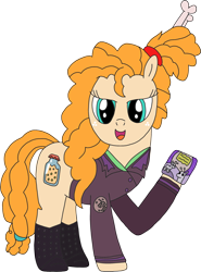 Size: 2162x2920 | Tagged: safe, alternate version, artist:supahdonarudo, edit, character:pear butter, alien pony, species:pony, bone, boots, clothing, cosplay, costume, felicia day, freckles, hair bun, holding, kinga forrester, mare in the moon, moon, movie, mystery science theater 3000, shoes, voice actor joke