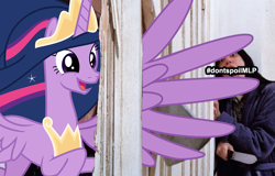Size: 945x606 | Tagged: safe, artist:digimonlover101, edit, character:twilight sparkle, character:twilight sparkle (alicorn), species:alicorn, species:pony, episode:the last problem, g4, my little pony: friendship is magic, axe, female, here's johnny, jack, mare, meme, older, princess twilight 2.0, the shining, weapon, wendy torrance
