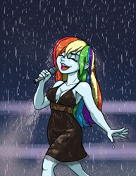 Size: 2550x3300 | Tagged: safe, artist:latecustomer, character:rainbow dash, my little pony:equestria girls, black dress, breasts, busty rainbow dash, cleavage, clothing, commission, commissioner:ajnrules, dress, eyes closed, female, high res, little black dress, microphone, rain, rainbow dash always dresses in style, singing, singing in the rain, smiling, solo, wet, wet clothes, wet dress