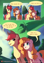 Size: 1448x2048 | Tagged: safe, artist:luciferamon, character:bright mac, character:pear butter, species:earth pony, species:pony, comic:sprouts & the fruit of love, ship:brightbutter, apple tree, clothing, comic, cowboy hat, dialogue, ear fluff, female, hat, male, mare, pear tree, plant, shipping, stallion, stetson, straight, text, tree