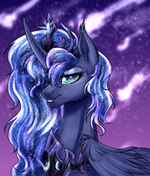 Size: 1677x1965 | Tagged: safe, artist:not-ordinary-pony, derpibooru original, character:princess luna, species:alicorn, species:pony, bust, curved horn, ethereal mane, female, galaxy mane, hair over one eye, horn, mare, night, portrait, solo