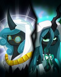 Size: 1500x1900 | Tagged: safe, artist:geraritydevillefort, character:queen chrysalis, species:changeling, changeling queen, eyes closed, fate/extra, fate/grand order, female, kiara sessyoin, reversalis, smiling