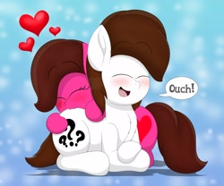 Size: 2048x1707 | Tagged: safe, artist:aarondrawsarts, oc, oc:brain teaser, oc:rose bloom, species:earth pony, species:pony, biting, blushing, brainbloom, butt, butt bite, chest fluff, cute, dialogue, female, literal butthurt, male, oc x oc, ouch, pain, shipping, straight